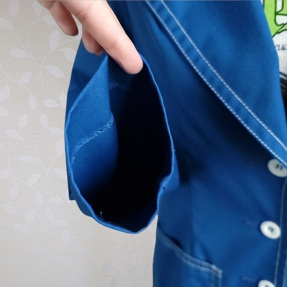 Vintage 70s Koratron Contrast Stitch Blazer Chore Jacket Koret Cerulean Blue Sm - Picture 6 of 16